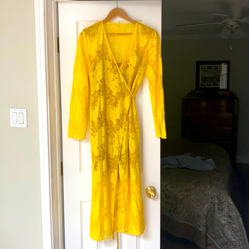 Yellow lace wrap dress, calf length